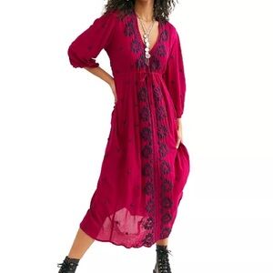 Free People Pink Embroidered V Neck Maxi Dress -‎ Small
